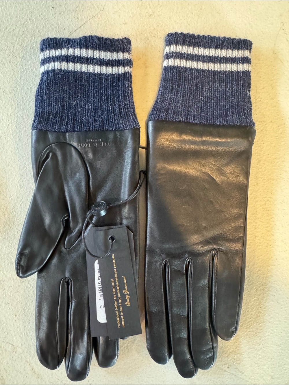 rag & bone Black Leather Gloves with Navy Knit Cuffs